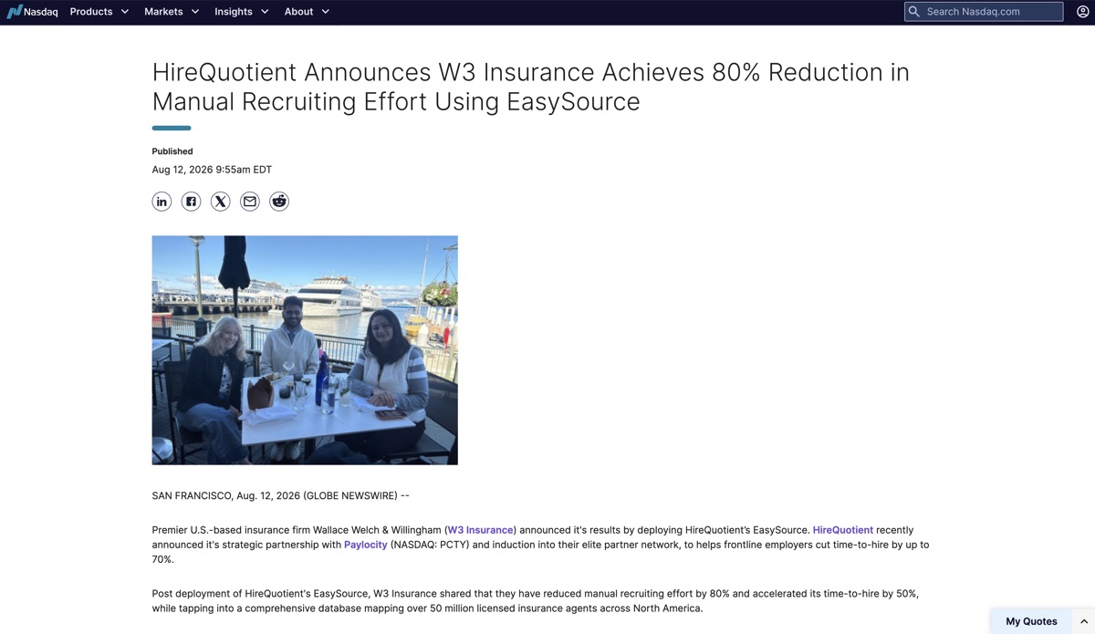 Nasdaq: HireQuotient Announces W3 Insurance Achieves 80% Reduction in Manual Recruiting Effort Using EasySource
