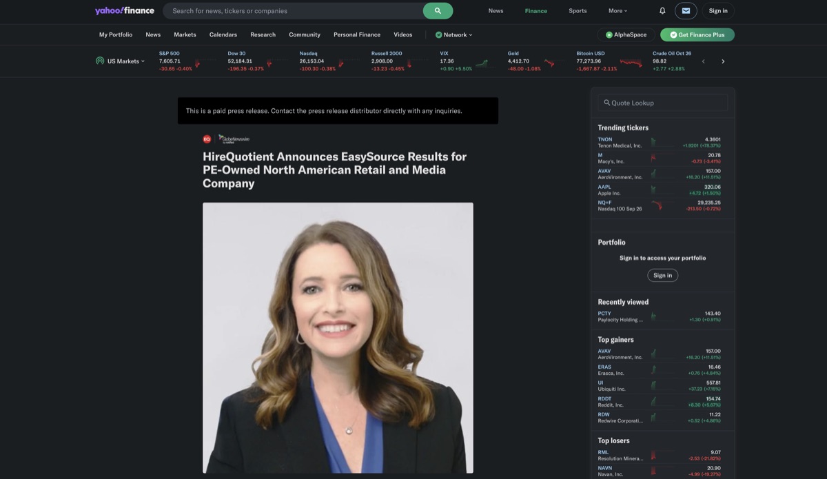 Yahoo Finance: HireQuotient Announces EasySource Results for PE-Owned North American Retail and Media Company